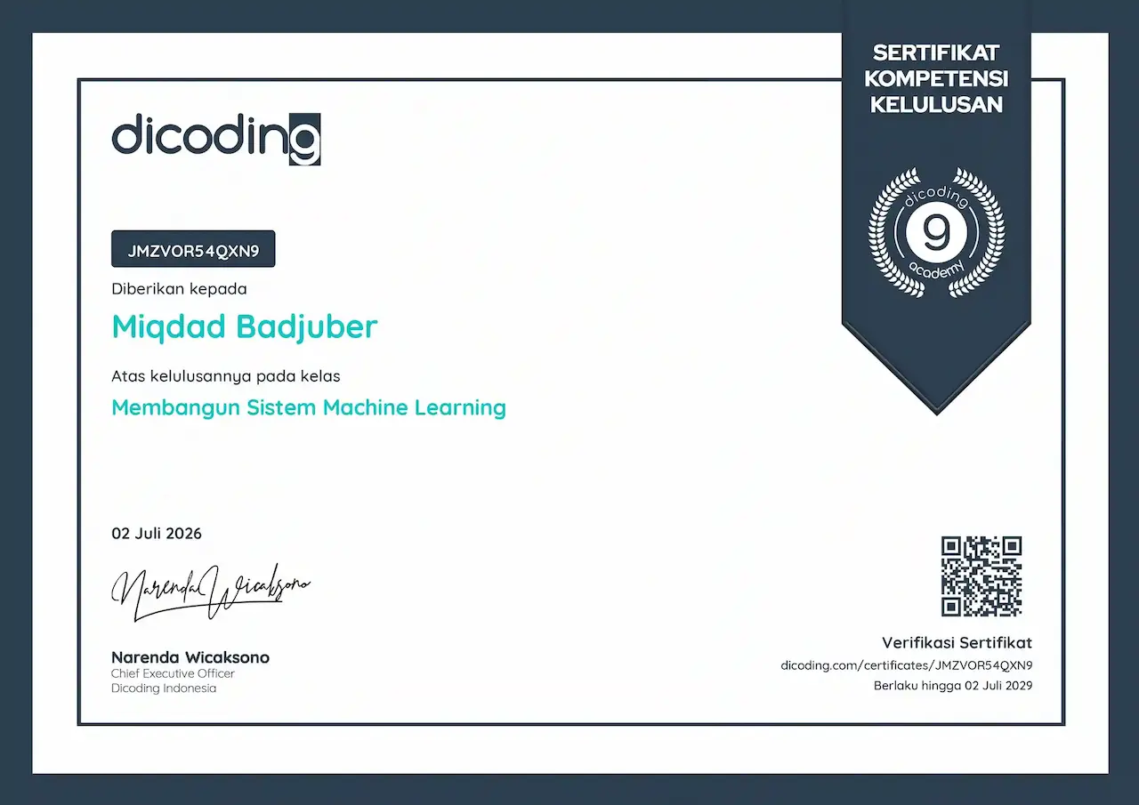 Certificate Membangun Sistem Machine Learning from Dicoding