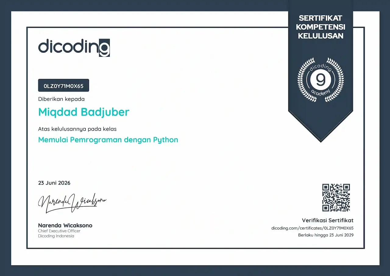 Certificate Python Programming Skills from Dicoding