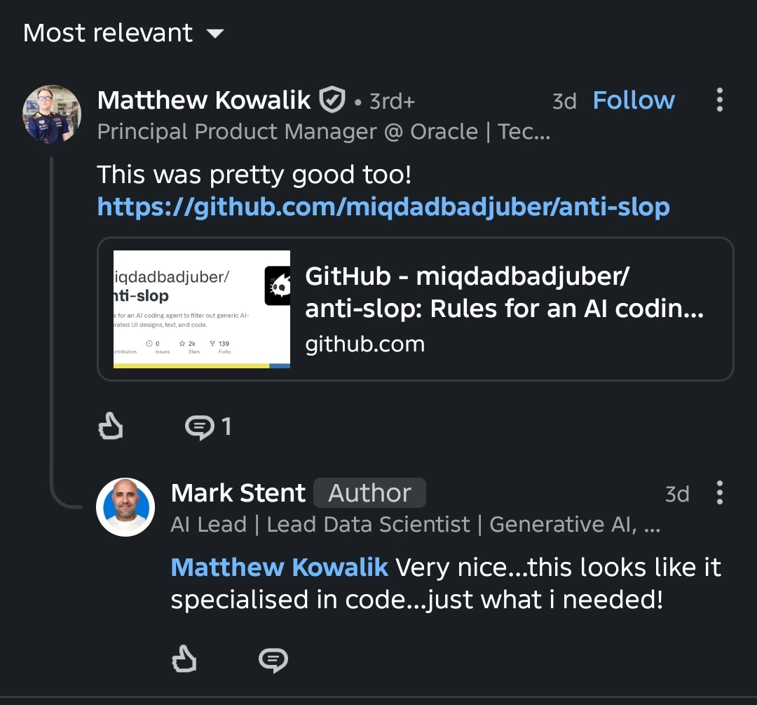 LinkedIn endorsement discussion between Matthew Kowalik and Mark Stent