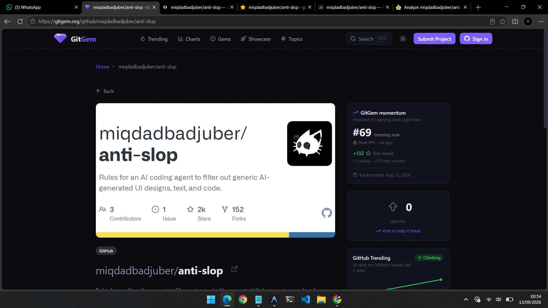 GitGem trending metrics showing rank 69 and climbing trajectory